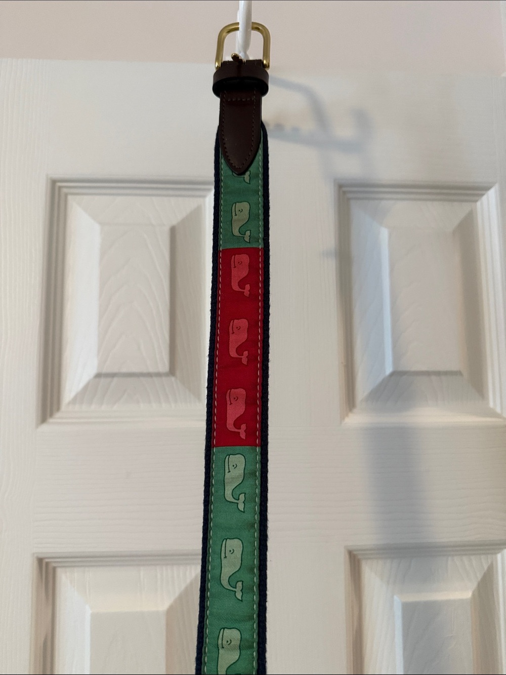 Vineyard Vines Christmas green and red belt with Brown Leather